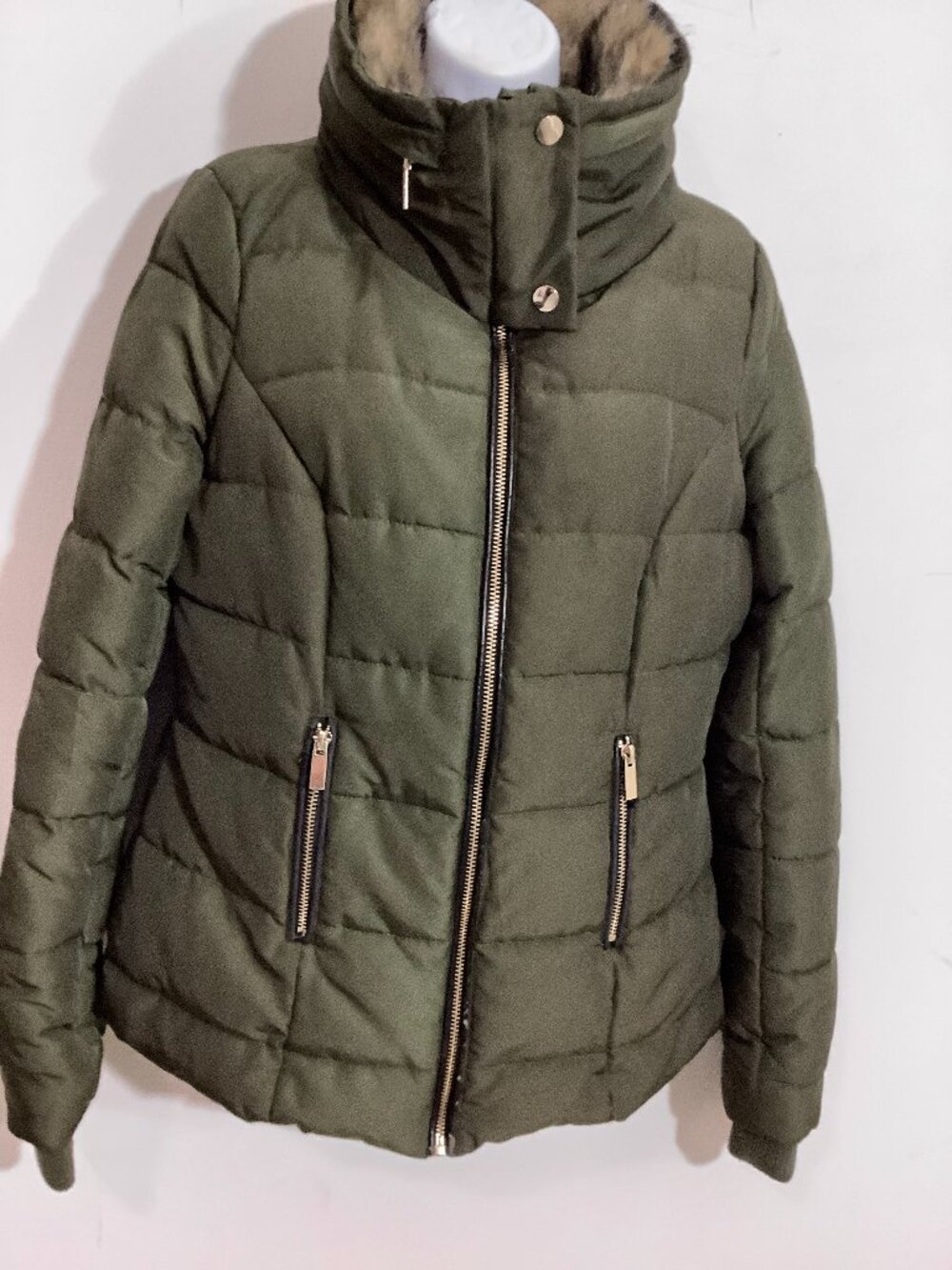 Puffer Jacket Sz Small Brown Faux Fur Collar Hood New York & Company ( Flaw)
